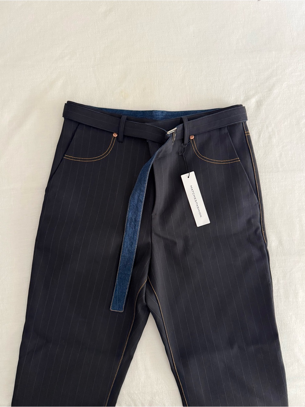 Men's Blue Pinstripe Dress Pants with Contrast Stitching - Sacai